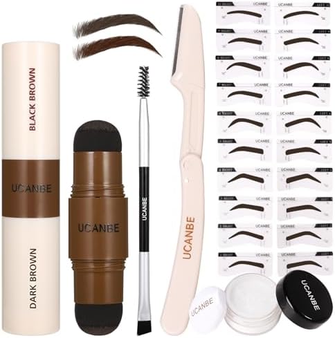 UCANBE 25PCS Eyebrow Stamp Stencil Kit With Dual-Color Eyebrow Stamp Pomade,20 Reusable Eyebrow Stencils,Finising Powder,Brush,Eyebrow Razor,Zipper Pouch,Waterproof Eye Brow Stamping and Shaping Kit04