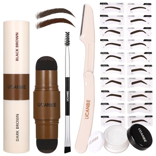 UCANBE 25PCS Eyebrow Stamp Stencil Kit With Dual-Color Eyebrow Stamp Pomade,20 Reusable Eyebrow Stencils,Finising Powder,Brush,Eyebrow Razor,Zipper Pouch,Waterproof Eye Brow Stamping and Shaping Kit02