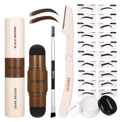 UCANBE 25PCS Eyebrow Stamp Stencil Kit With Dual-Color Eyebrow Stamp Pomade, 20 Reusable Eyebrow Stencils, Finising Powder, Double-Ended Brush, Eyebrow Razor, Zipper Pouch, Long Lasting Waterproof Eye Brow Stamping and Shaping Kit(Dark Brown+Black Brown)