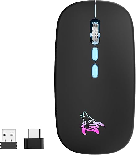 HOTLIFE Ratón inalámbrico LED, delgado, recargable, silencioso, portátil, óptico, 2.4G, inalámbrico, Bluetooth, dos modos, con receptor USB y