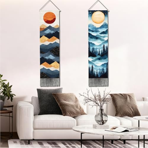 PRESSINART 2 Pcs 2 Styles Boho Long Vertical Tapestry Moon Mountain Tapestry Forest Tree Aesthetic Nature Landscape Art Black Tassels Wall Hanging for Bedroom Living Room Office Studios Decoration by PRESSINART - Used condition - Image 3