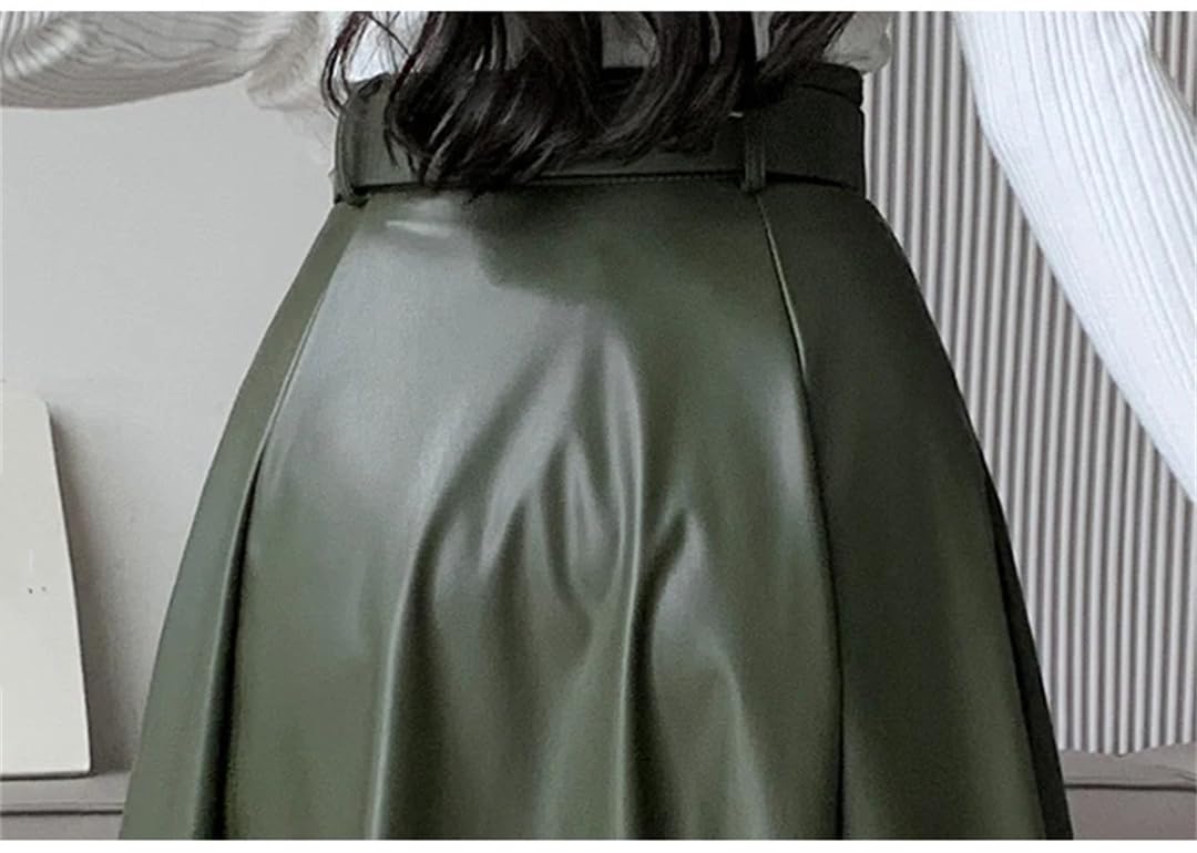 Otoño Invierno Faux PU Cuero Mujer Paraguas Falda Cintura Alta Sólido Elegante A-Line Faldas