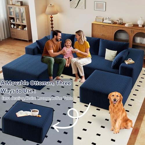 Image of 96 inch Modular Sectional Sofa with Ottoman, Modern Corduroy Cloud Couch with Deep Seat, Boneless Couch Upholstered 3-Seater U-Shaped Sofa for Living Room, No Assembly (Blue, Left-Facing Chaise)