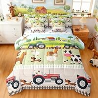 Tractor 7 Piece Bedding Sets Boys Twin, Toddler Kids Cute Cartoon Farm Animals Comforter Set & Sheets Set Farmhouse Bedding Sets with Comforter, Pillowcases, Flat Sheet, Fitted Sheet, Cushion Cover