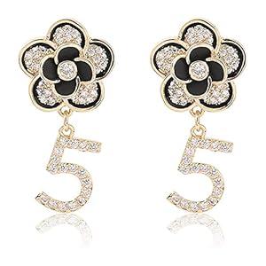 Celebrity Designer Elegant Rhinestone Dangle Drop Luxury Camellia Black Number 5 Earrings Valentine’s Day Gift