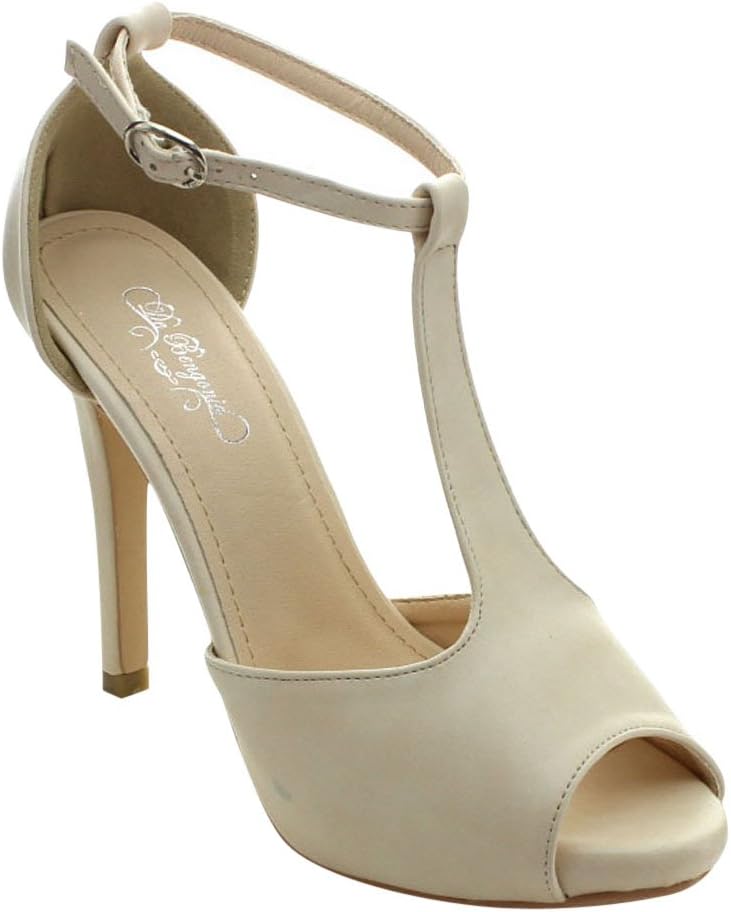 DE BENGONIA GD-16 Women's Peep Toe T-strap Stiletto Platform Dress Heels, Color:NUDE PU, Size:8