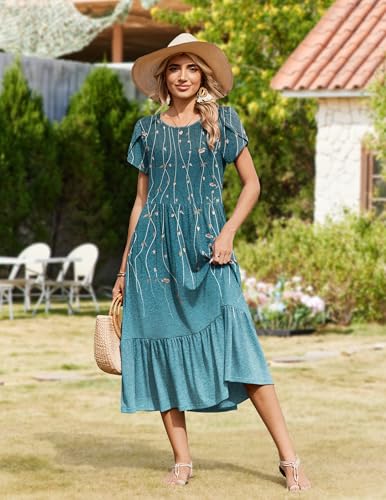 Image of Zeagoo Women Summer Midi A Line Dress Short Sleeve Casual Flowy Tiered Beach Long Sundress with Pockets 2026 Vacation Travel