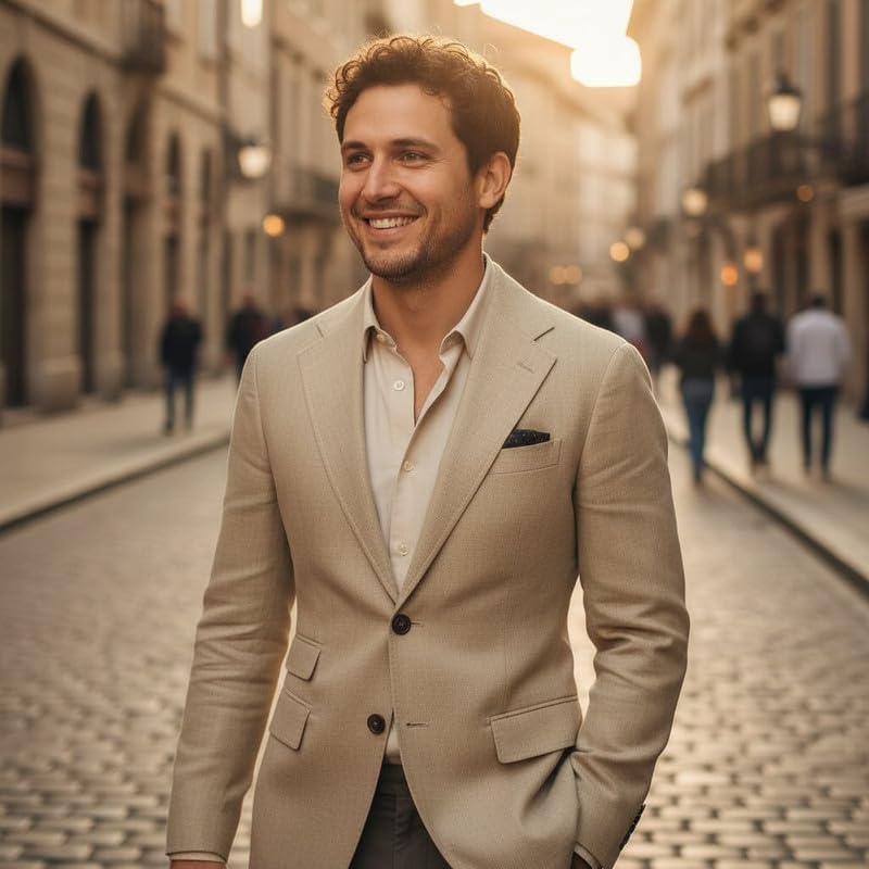 Men's Suit Blazer Notched Lapel 2 Button Suit Jacket with Asymmetric Pockets Business Commute Versatile