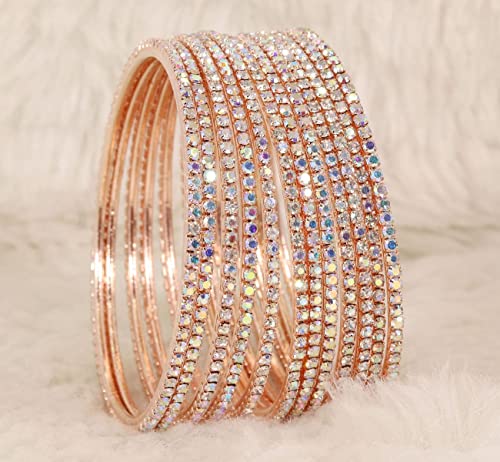 Zircon Gemstone Studded Bangle Set, RoseGold-Rainbow, Pack of 12