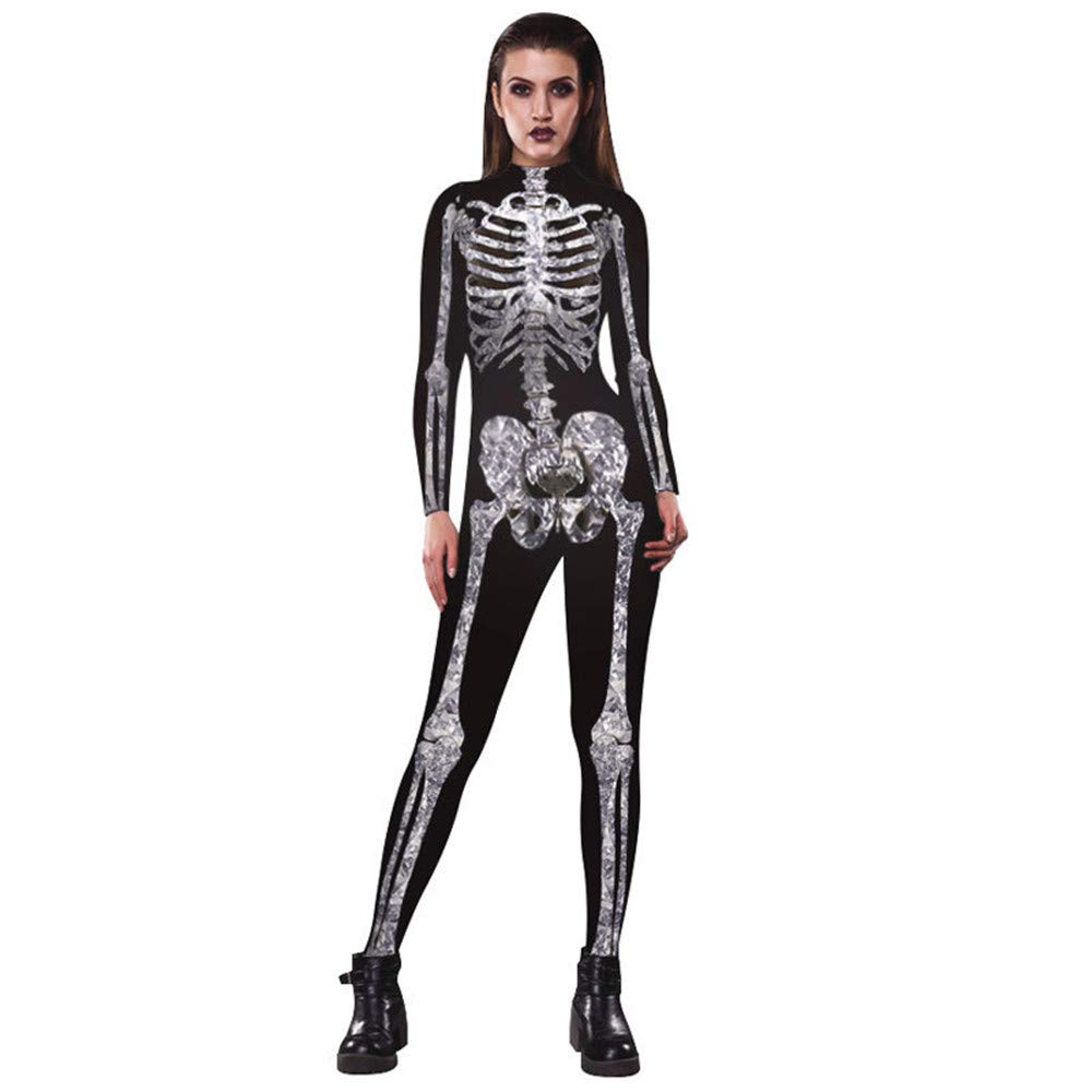 Women's Skeleton Halloween Bodysuit Costume Stretch Skinny Catsuit Jumpsuit
