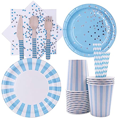 shajiahao Decorazioni Stoviglie,128 Pezzi Pacchetto di Stoviglie per Feste,stoviglie di carta usa e getta,Kit di Stoviglie a Pois per Feste, Matrimoni, Anniversari, Compleanni(Serve 16 Ospiti) (Blu)