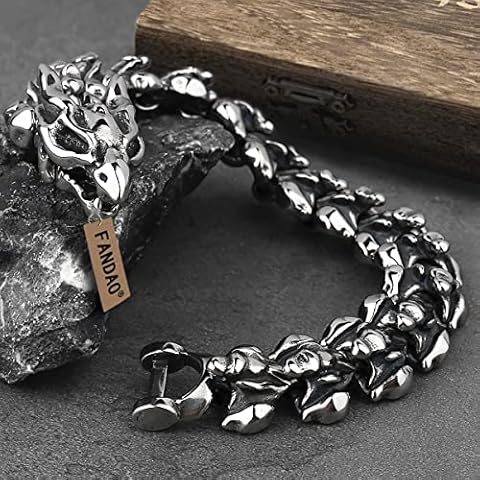 FANDAO Norse Dragon Skeleton Men's Stainless Steel Bracelet Retro Ouroboros Skull Punk Link of Bracelet, Polished, Biker, Vintage Dragon Scale Anti-Static Bracelet with Wooden Box,21CM/8.3IN Cover