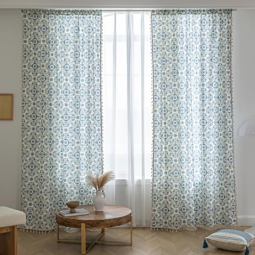 Image of Blue Floral Curtains 63 Inches Long, Boho Farmhouse Light Filtering Rod Pocket Drapes with Tassel Trim for Bedroom Living Room, 2 Panels
