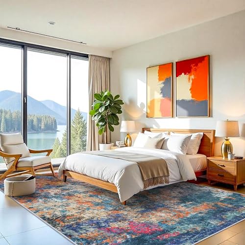 Washable Area Rug 10x12 Abstract - Large Soft Rugs for Living Room Modern Colorful Indoor Mat Non Slip Low Pile Carpet for Bedroom Stain Resistant Thin Floor Mats for Dining Room 10x12 Colorful/Multi
