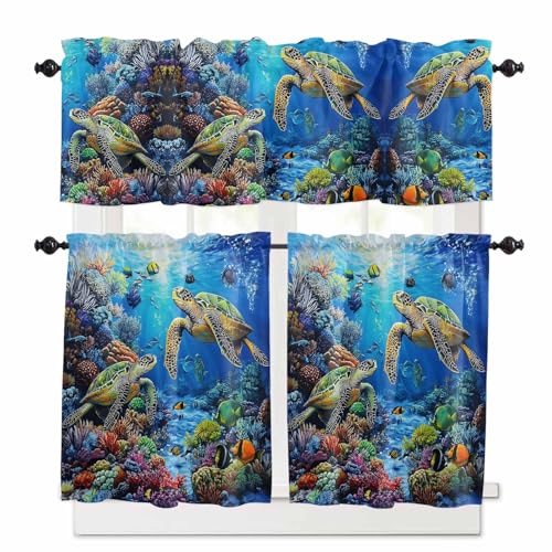 Blue Sea Turtle Ocean Kitchen Curtains 36 Inch Length, 3 Piece Rod Pocket Small Half Tiers and Valance Set, Colorful Coral Sea Underwater Small Large Window Treatment Decor for Bedroom/Bathroom Sink