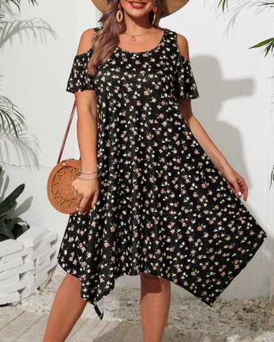 Image of Pinup Fashion Plus Size Summer Sundress Casual Flowy Cold Shoulder Dress