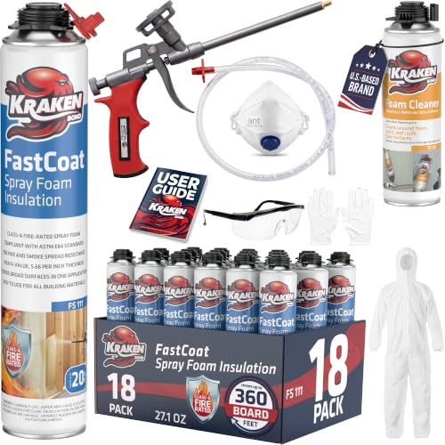 Kraken Bond Fastcoat Fire Rated Spray Foam Insulation Kit - (18x27.1 oz) Closed Cell Expanding Polyurethane Foam - Heat and Acoustic Insulation, Gun & Cleaner Included, 360 Board Ft - 18 Pack