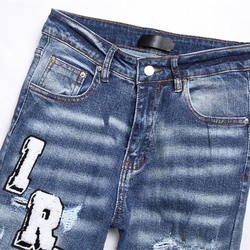 Blue Men's Denim Jeans, Elastic Slim Fit Denim Jeans, Stylish Versatile Denim Jeans, Embroidered Trendy Denim Jeans,382