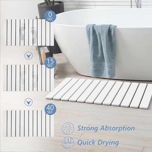 Image of AWW Foldable Stone Bath Mat, Diatomaceous, 31.5 inchx15.7 inch, White | Quick-dry surface, super absorbent, easy-clean finish, non-slip mat included, and compact storage for small bathrooms