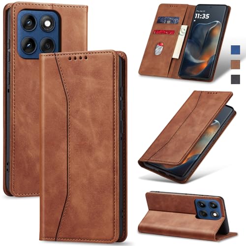 Image of Jasonyu Case for Motorola Edge 60 Leather Wallet Flip Cover with Card Holder,Kickstand, Magnetic Closure,TPU Shockproof Phone Case (Brown)