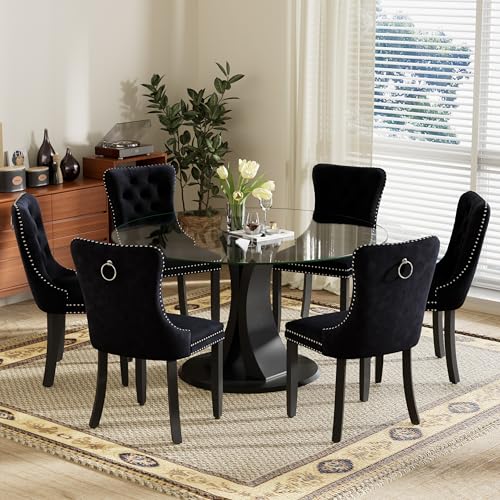 Image of 7-Piece Dining Table Set with 47In Tempered Glass Table and 6 Velvet Upholstered Chairs, Modern Scandinavian Furniture for Dining Room Kitchen(Black)
