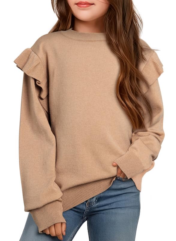 Girls Sweaters Cute Crewneck Ruffle Long Sleeve Knit Pullover Sweater Tops 6-15 Years