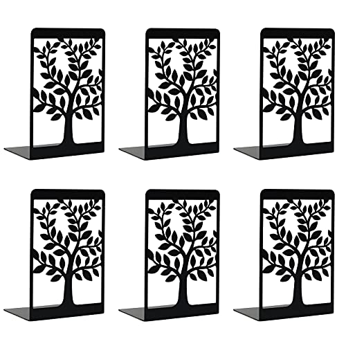 Bookends, Book Ends, Home Decorative Bookends, Bookends for Shelves, Metal Bookends, Bookends for Heavy Books, Tree of Life, Book Stopper, Black Book Holder(3 Pairs/6 Pieces, Large)