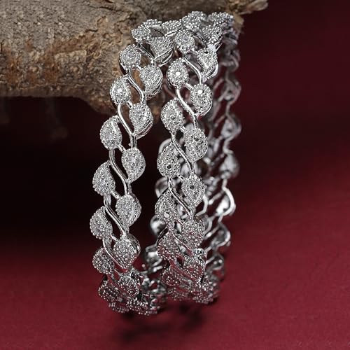 Image of ZENEME Leaf Shaped American Diamond Gold Plated Bangles Jewellery For Women & Girls