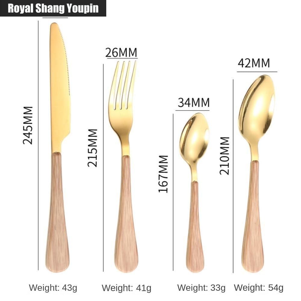 Legno Manico Piatto Cucina Acciaio Inox Argenteria Stoviglie Posate Coltelli Forchette Cucchiai Set Hotel Casa Bistecca Coltello Dessert Cucchiaio (Oro,16 pezzi)
