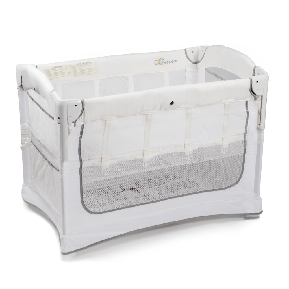 Arm’s Reach Ideal Ezee 3 in 1 Co-Sleeper Folding Bedside Bassinet and Play Yard Featuring Breathable Mesh Sides with Side Pockets for Storage and 4-Inch Sleeping Nest, White