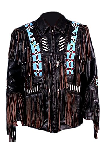 Classyak Men's Cowboy Leather Jacket, Beaded, Bones & Fringes