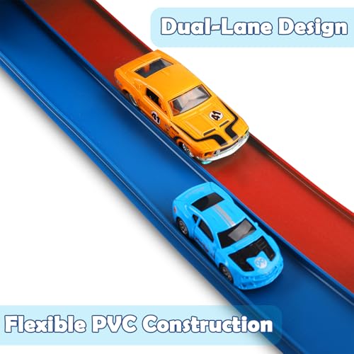Image of Flex Tracks 15 Ft Starter Set, Flexible Race Track for Kids 3+ with Strong Suction Cups, Flexible Car Track Race Car Ramp Track Compatible with 1 /64 Diecast Cars, Portable Rolls Up Race Tracks