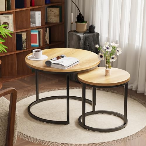 Color Brown Nesting Coffee Table Set of 2, 23.6 Round Coffee Table Brown Wood with Adjustable Non-Slip Feet, Industrial End Table Side Tables for Living Room Bedroom Balcony Yard