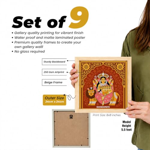 Image of Nine Forms of Nav Durga Wall Art Painting Set of 9 with Frames 9x9 Inch, Hindu Goddess Navratri Decorative Wall Paintings & Showpiece, Spiritual Religious Wall Decor for Living Room, Pooja Room