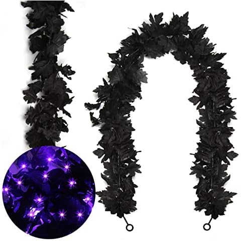 FOIMAS Halloween Fall Maple Leaf Garland,2pcs Black Maple Leaves Garland with Lights for Halloween Mantle Fireplace Tree Decoration Cover