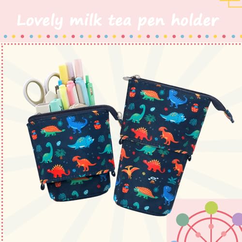 Image of KPX Cute Standing Pencil Case Pen Holder for Kids, Pop Up Stand UP Bubble Tea Pen Organizer Kawaii Stationary for Christmas Holiday New Year Office (Dinosaur)