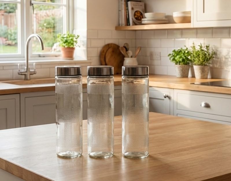 Image of OLIN Glass Fridge Water Bottle with BIG Steel Cap | Set Wide Mouth| with AirTight Leak Proof Reusable Black Plastic Lids | Juicing, Smoothies, Beverage Storage | Reusable 750ml set of 1