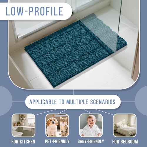 Image of Yimobra Bathroom Rug Mat, Non Slip and Super Absorbent Bath Mat, Machine Washable Quick Dry, Ultra Plush Chenille Shower Rugs for Bathroom Floor Sink Tub and Shower Outside, Peacock Blue, 24 x 17