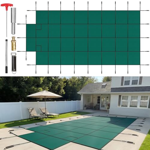 VEVOR Inground Pool Safety Cover 20x40 ft Rectangle with 4x8ft Center End Step Winter Pool Covers Green Mesh Triple Stitched for MAX Strength Abrasion Resistant