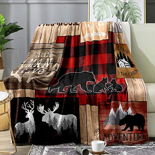Luvivihome Bear Throw Blanket, Moose Deer Blanket, Hunting Lodge Woodland Animal Rustic Red And Black Plaid Blanket, Cozy Fluffy Warm Soft Flannel Fleece Blanket For Couch, Sofa, Cabin Decor, 30"X40" #TOP6