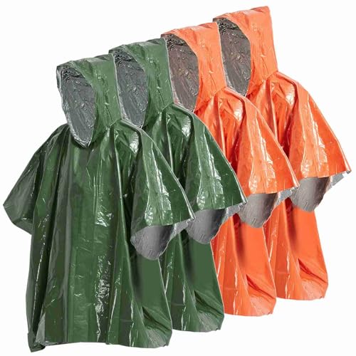4 Pack Rain Poncho, and Tear Resistant, Retains Body Heat for Camping and Emergencies, Made from PE Material (Army Green & Orange)