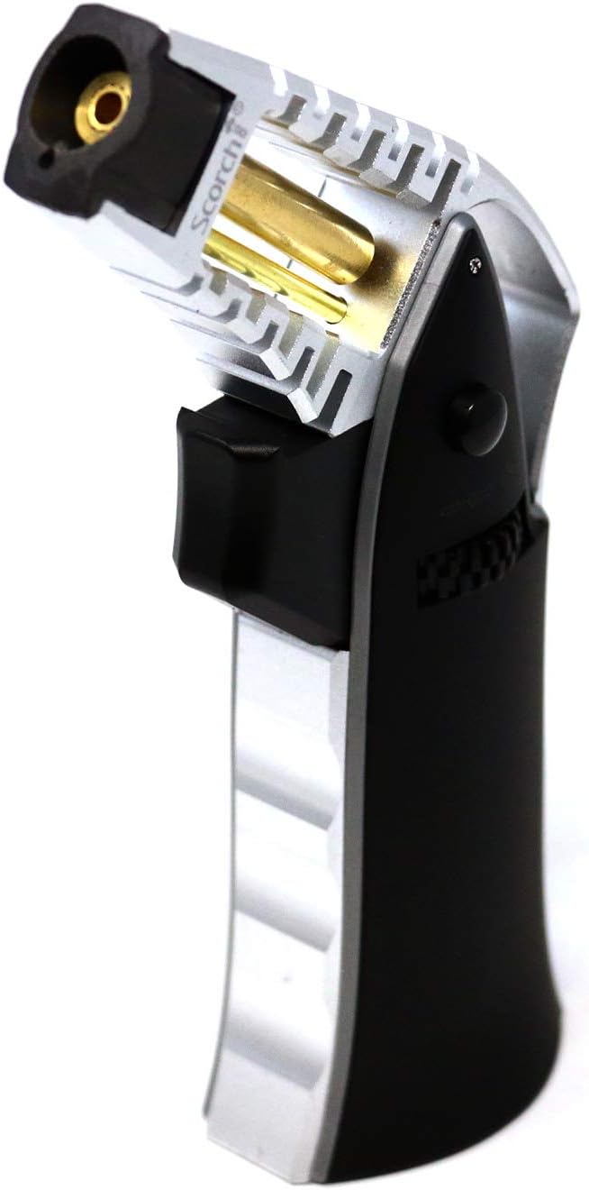 Scorch Torch CNC Machined 6.75" Tall Handheld Aluminum Flame Adjustable Butane Refillable Torch In Gift Box (Silver Black)
