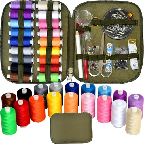 Image of Sewing Kit with Case Portable Sewing Supplies for Home Traveler, Adults, Beginner, Emergency, Contains 18 Sewing Thread, Scissors, Needles, Measure etc,Army Green
