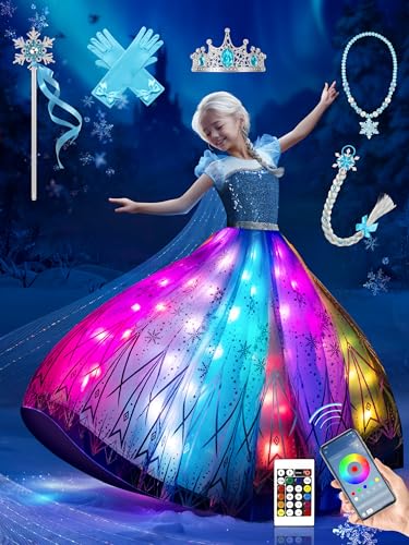 BLINGCOS Deguisement Fille, Robe Princesse Sync avec Rythme de Musique, Contrôlable par APP, Robe Lumineuse LED RGB Kit de Fête avec 6 Accessoires pour...