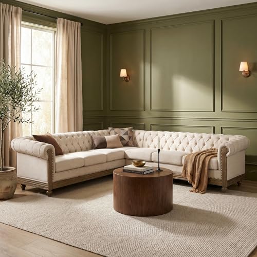 Image of Merax Chesterfield Sofa, Retro Upholstered 6 Seater Rolled Arm Couch for Living Room Bedroom Office, Beige