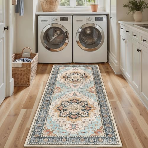 Madane Washable Runner Rug - 2x6 Rug Runners for Hallways 6 Foot Non Slip Vintage Kitchen Runner Rug Ultra-Thin Bathroom Runner Rugs Carpet Laundry Room Bedroom (2x6ft, Orange/Blue)