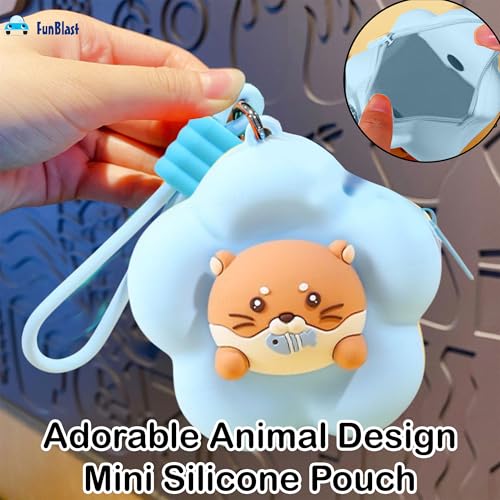 Image of FunBlast Soft Silicone Coin Pouch - Cute Animal Design Mini Purse with Strap, Multipurpose Silicone Pouch, Small Zipper Wallet for Kids & Girls, Kawaii Coin Bag - 9 X 9 X 6.5 cm (Blue)