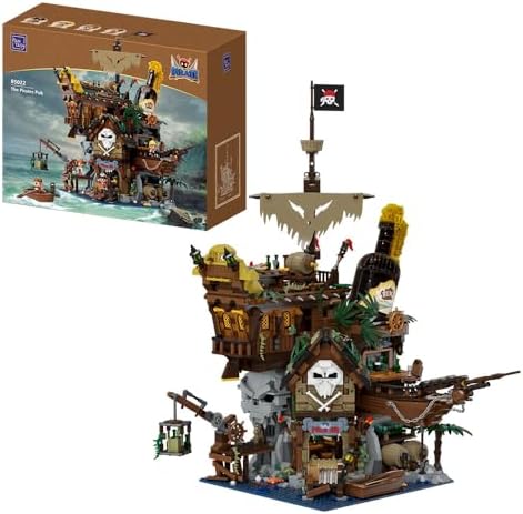 PANTASY Pirate Pub Building Kit–Modular Shipwreck Tavern Architecture Deck with Terrace Bar, Rum Bottle & Pirate Figures–Creative Nautical Display Set for Adults and Collectors