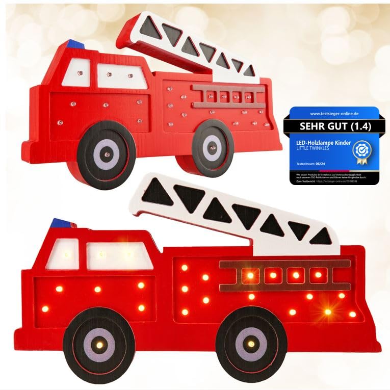 Kinder Nachtlicht aus Kiefernholz – Dimmbar, Timer, Warmes & Angenehmes Licht – Kinderzimmer Deko-Lampe, Leselampe & Schlummerlicht, Feuerwehrauto