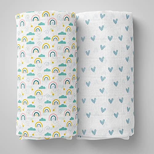 Image of 1ST STEP Muslin Swaddle 60cm*75cm (Pack of 2) Rainbow, Hearts
